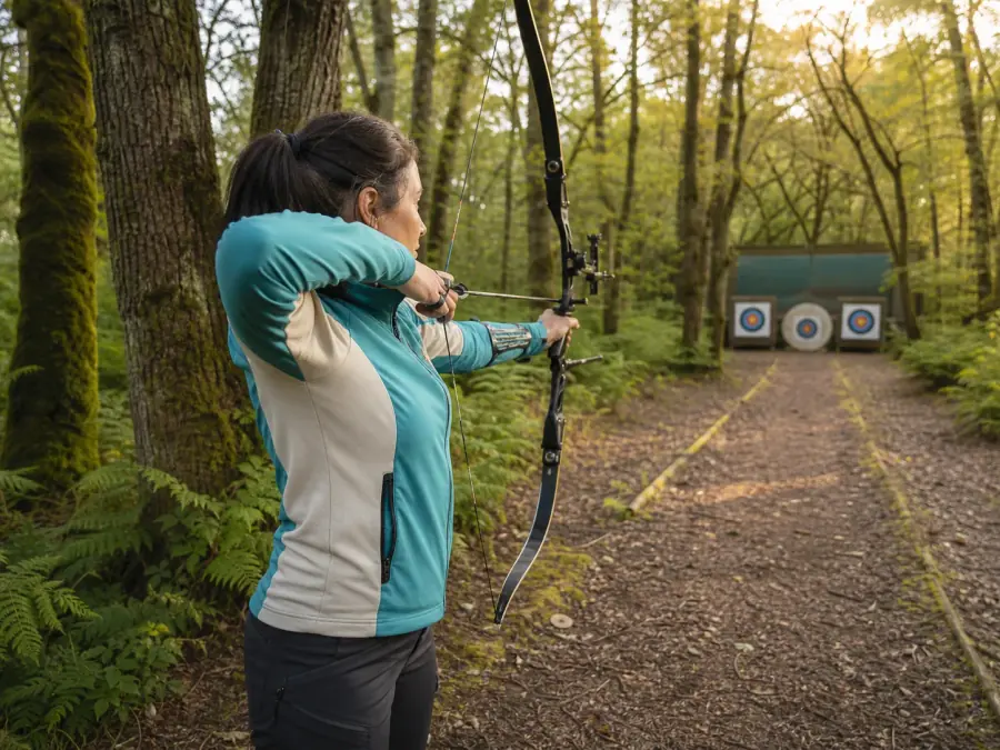 Archer drawing a bow at a woodland archery target