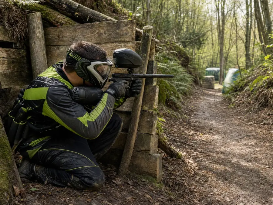 Paintball player advancing past timber bunkers on a woodland field